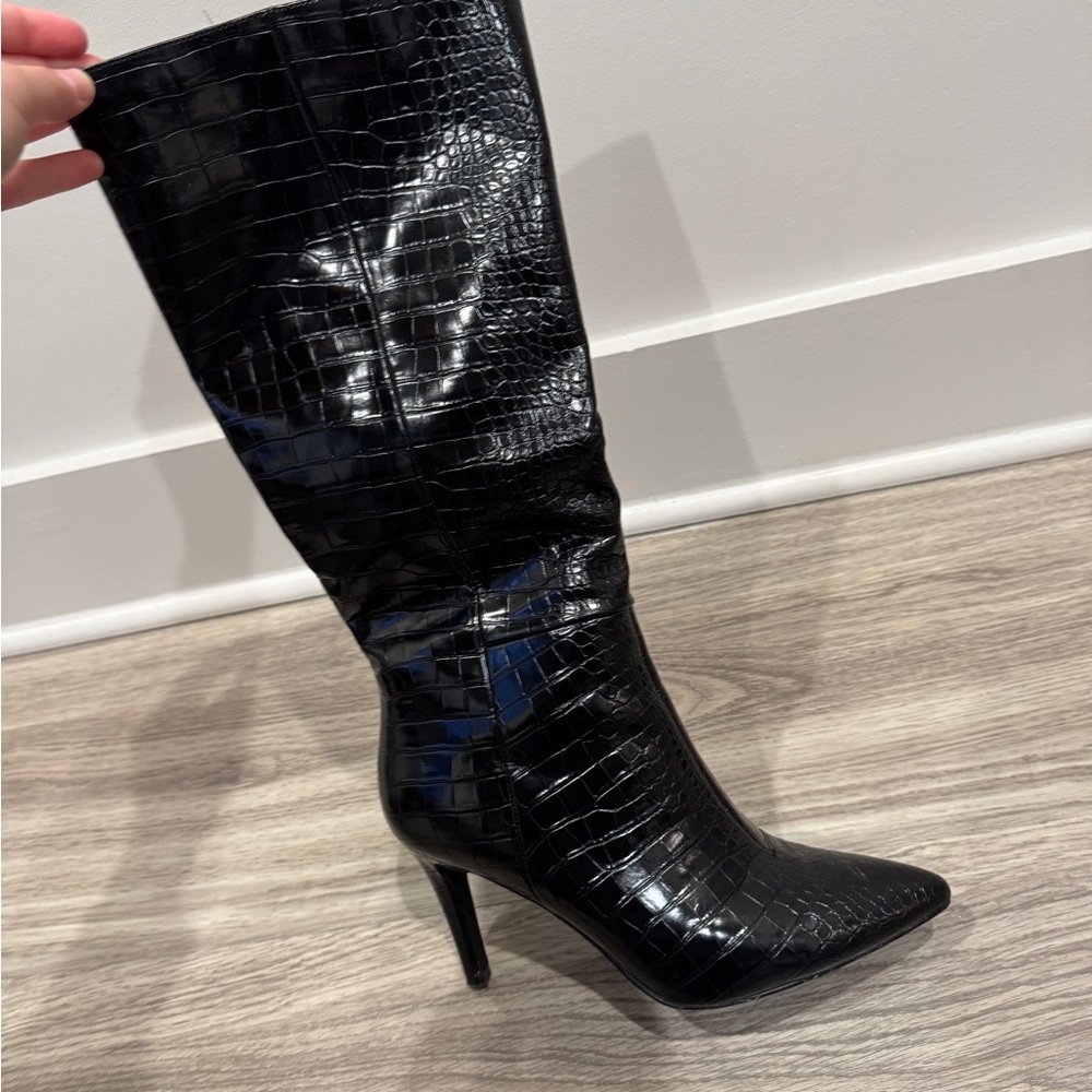 Black Croc-Embossed Knee-High Women's Boots